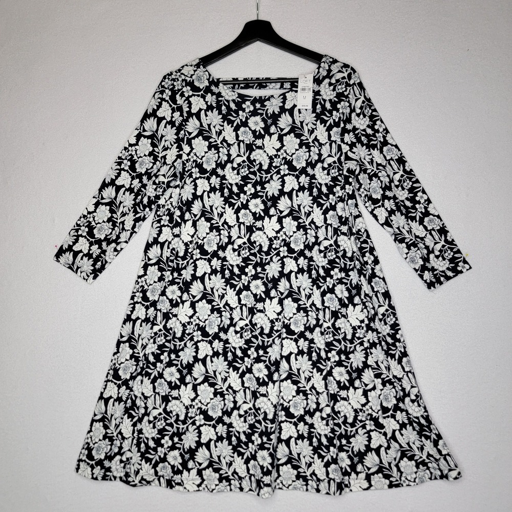 Loft Outlet Navy White Floral 3/4 Sleeve Shift Dress V-Back Cutout Size Medium‎